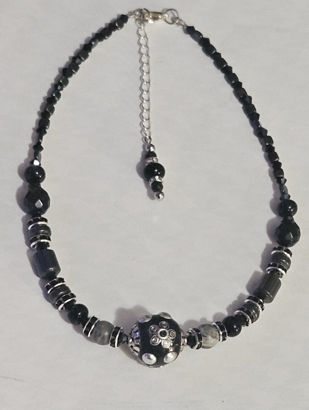Handmade Upcycled Multi-Stone Choker 15"w/2" Ext.  Onyx, Jasper Hematite